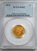 1874 Indian Princess Gold Three Dollar Piece $3 PCGS MS62