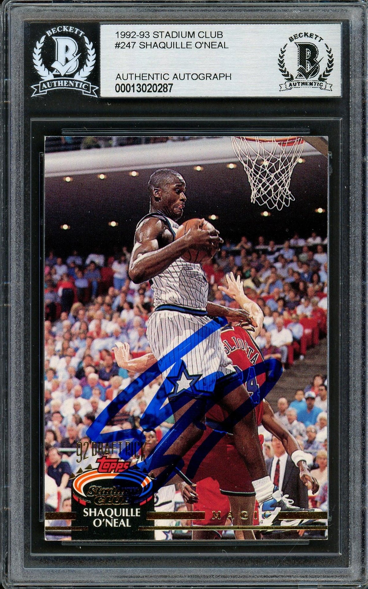 Shaquille Shaq O'Neal Autographed 1992-93 Stadium Club Rookie Card #247 Orlando Magic Beckett BAS #13020287