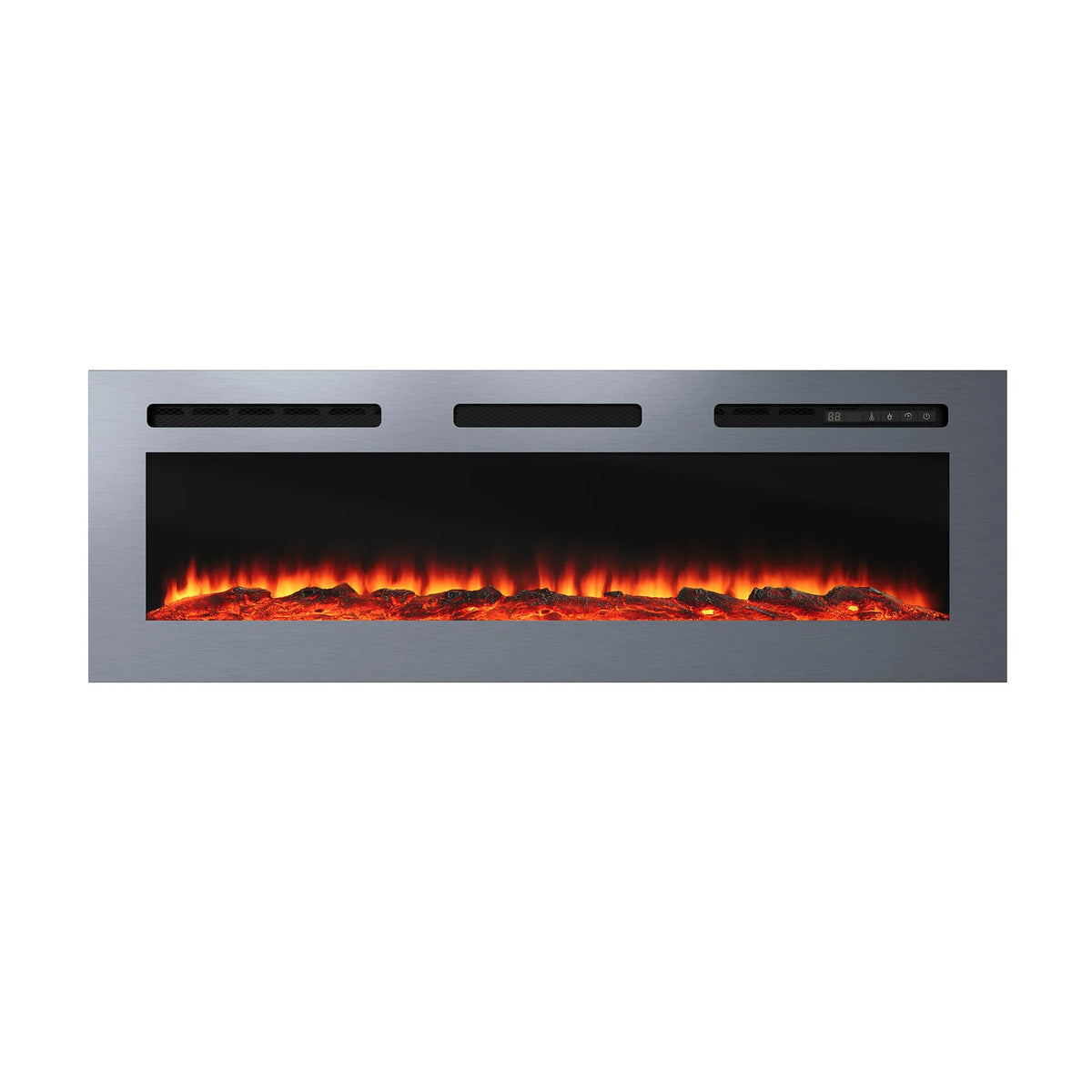 Premium 50/60 Inch Electric Wall-Mounted Fireplace Insert with Stainless Steel Surface & 12 Dynamic Flame Modes (50 Inch / Silver)