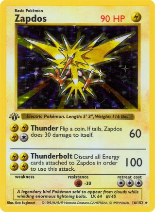 Zapdos 16 - Base Set Shadowless 1st Edition Holofoil (Moderately Played)