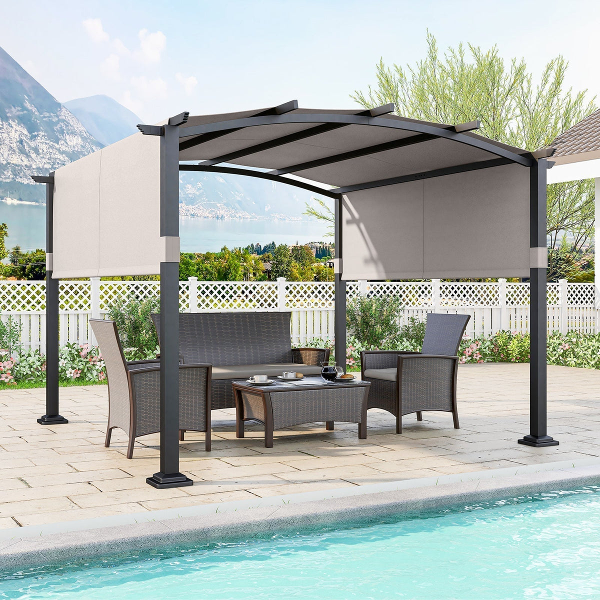 10 x 10 ft Outdoor Pergola Modern Arched Patio Garden Shelter with Retractable Sunshade Canopy (Gray)