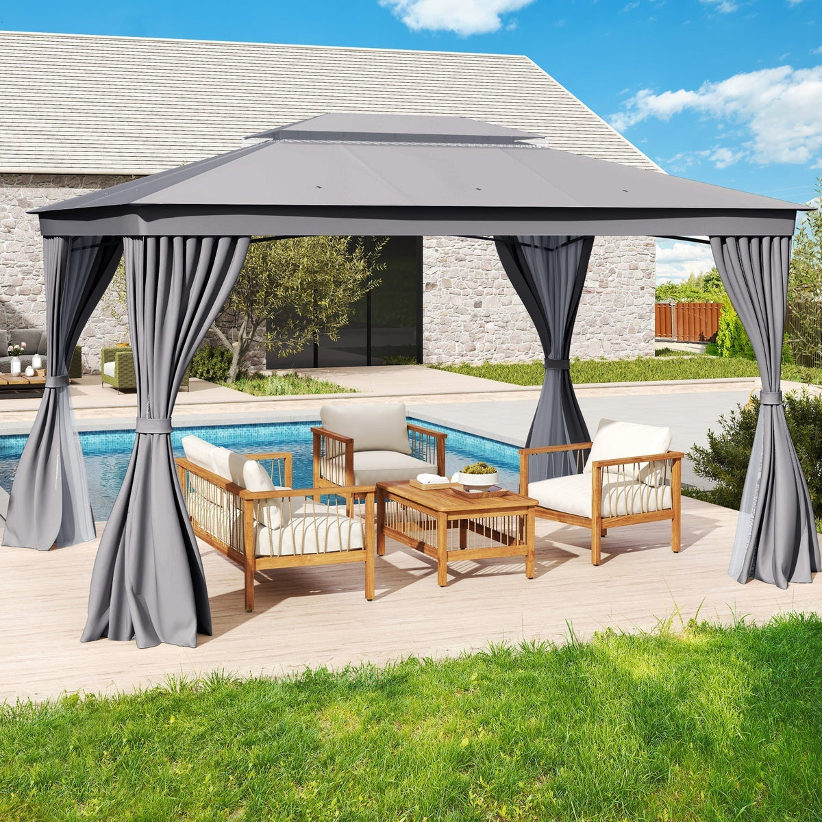 10 x 13 Feet Patio Gazebo Double-Roof with Mesh Netting and Privacy Curtains (Gray)