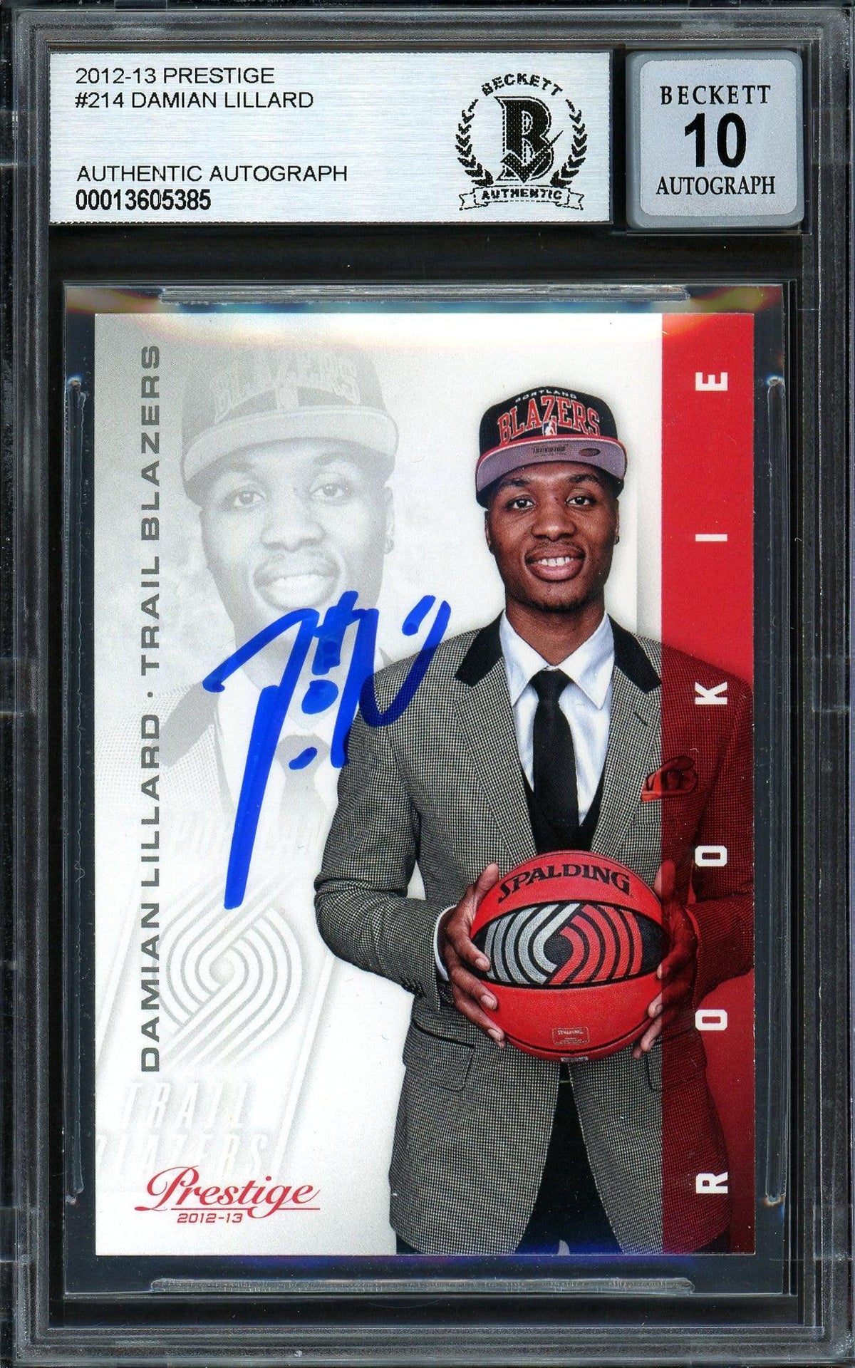 Damian Lillard Autographed 2012-13 Panini Prestige Rookie Card #214 Portland Trail Blazers Auto Grade Gem Mint 10 Beckett BAS #13605385