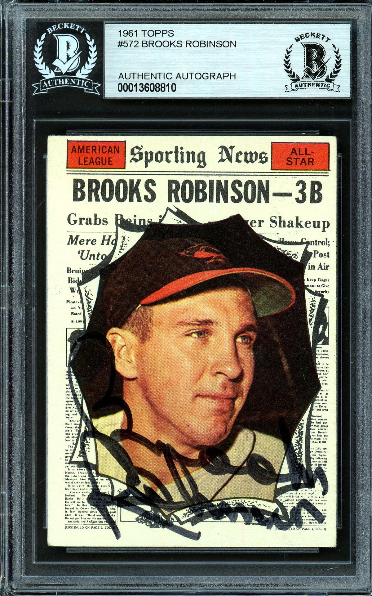 Brooks Robinson Autographed 1961 Topps Card #572 Baltimore Orioles All-Star Beckett BAS #13608810