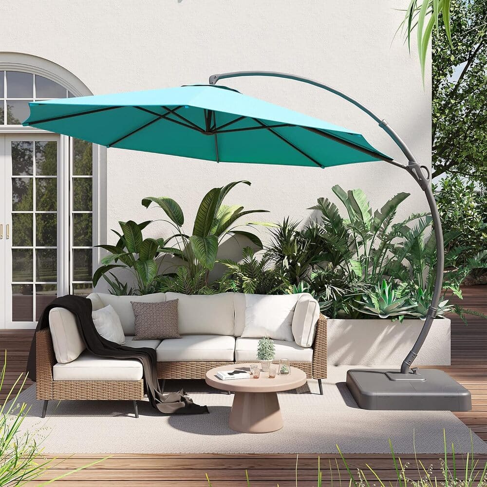 11 FT Luxury Curved Cantilever Umbrella, Heavy-Duty Side-Post Umbrella With Base, And 360° Rotation (Turquoise Blue)