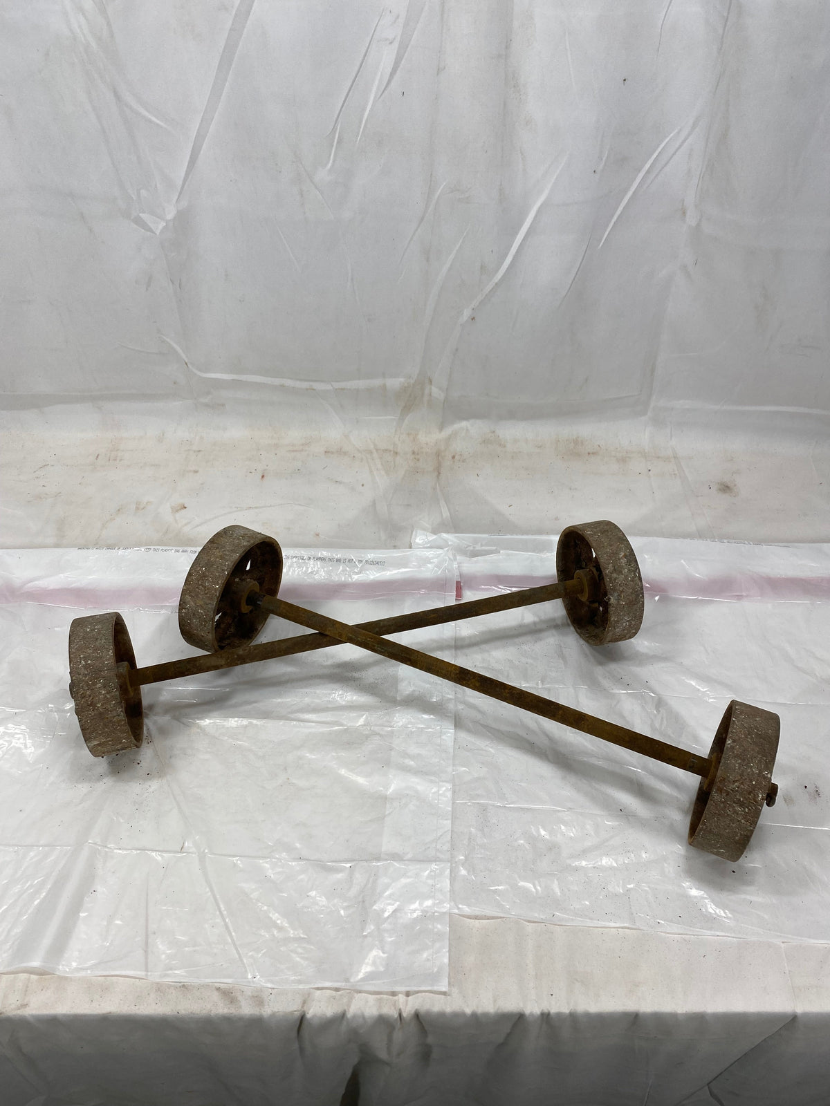 4 Factory Cart Wheels & 2 Axles Cast Iron Vintage Lineberry Industrial Wheel A41