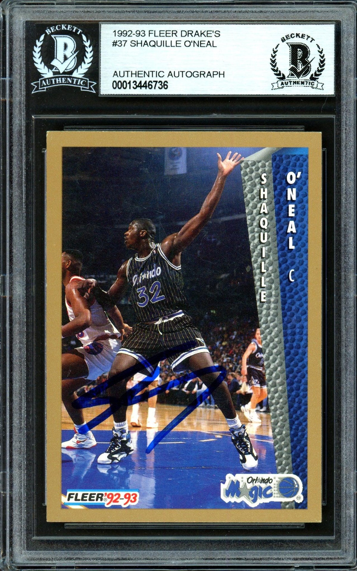Shaquille Shaq O'Neal Autographed 1992-93 Fleer Drake's Rookie Card #37 Orlando Magic Beckett BAS #13446736