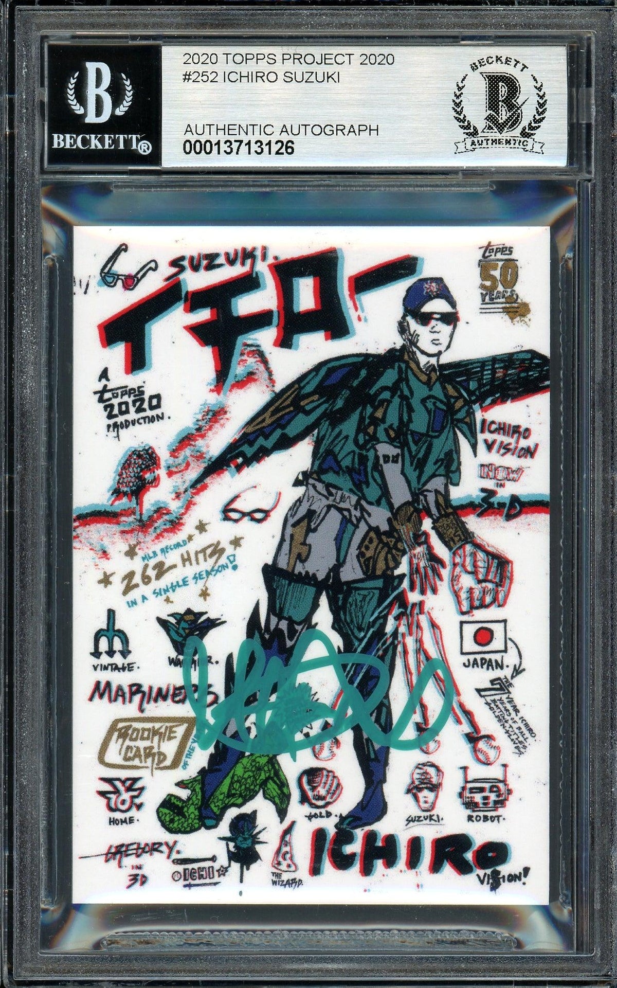 Ichiro Suzuki Autographed Topps Project 2020 Gregory Siff Card #252 Seattle Mariners Auto Grade Gem Mint 10 Teal #/10 Beckett BAS Stock #201016
