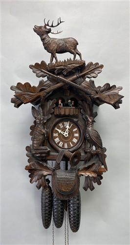German Cuckoo Clock, Vintage Black Forest Clock, Carved Wood Deer Hunter Clock