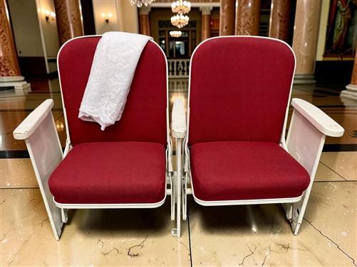 2 Theater Seats, Vintage Red Upholstered Tip-Up Cinema Auditorium Seating, A39