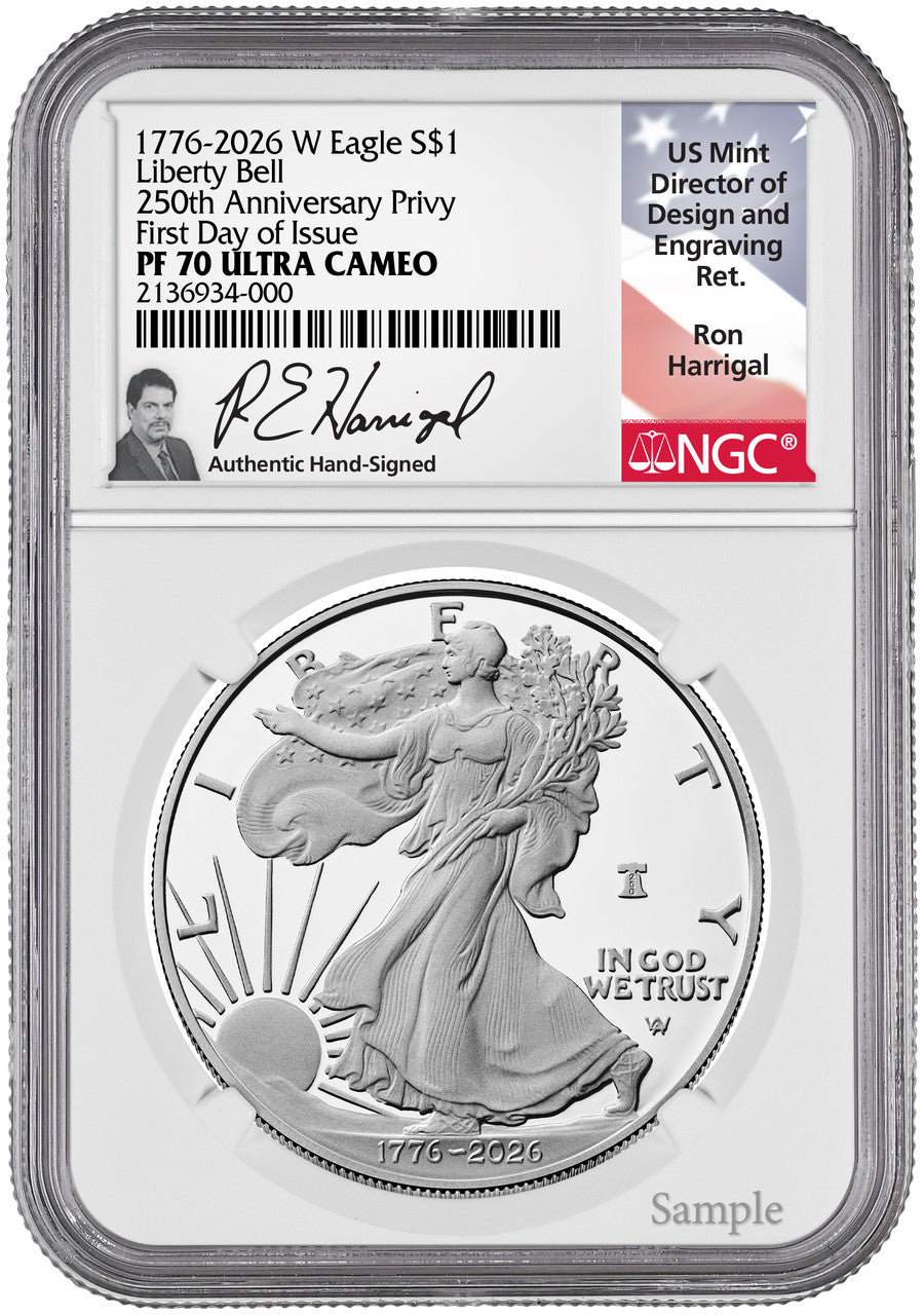 2026 W Silver Eagle Liberty Bell 250 Privy FDI PF70 NGC Harrigal (1776–2026)