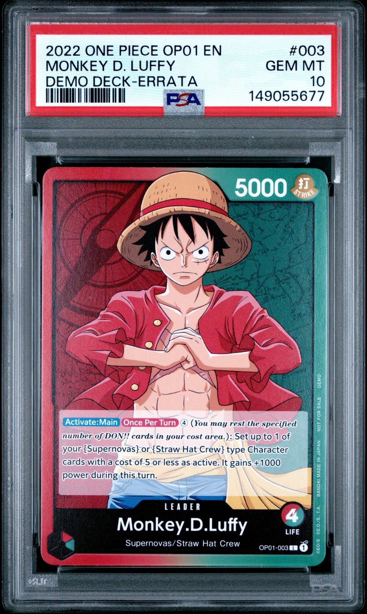 2022 One Piece Op01-Romance Dawn Demo Deck-Errata Monkey D. Luffy #003 PSA 10