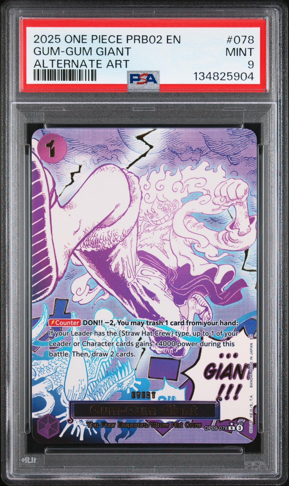 2025 One Piece the Best Premium Booster Volume 2 Alternate Art Gum Gum Giant #OP09-078 PSA 9