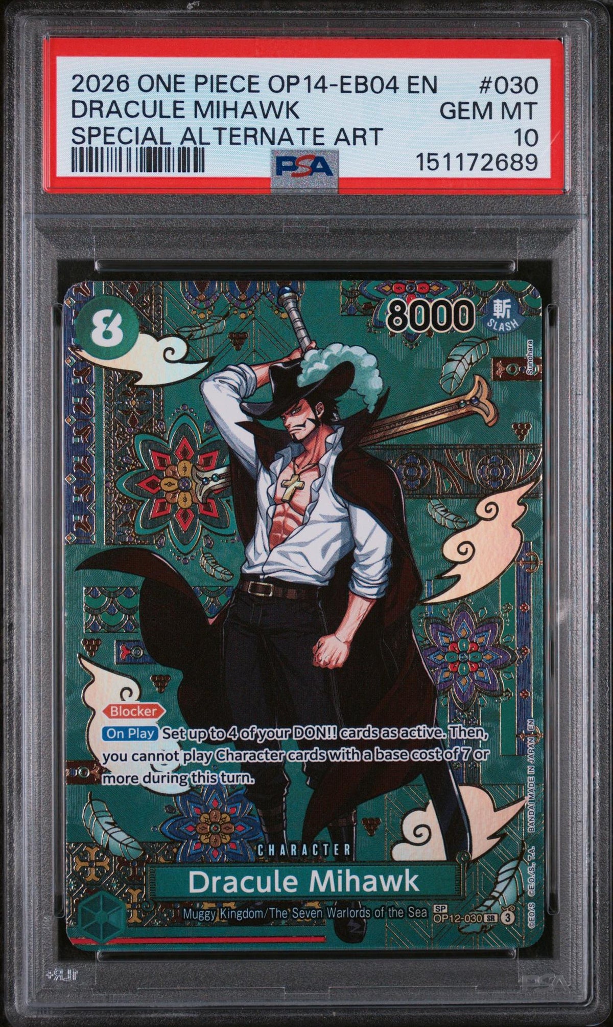 2026 One Piece the Azure Sea’S Seven Special Alternate Art Dracule Mihawk #OP12-030 PSA 10
