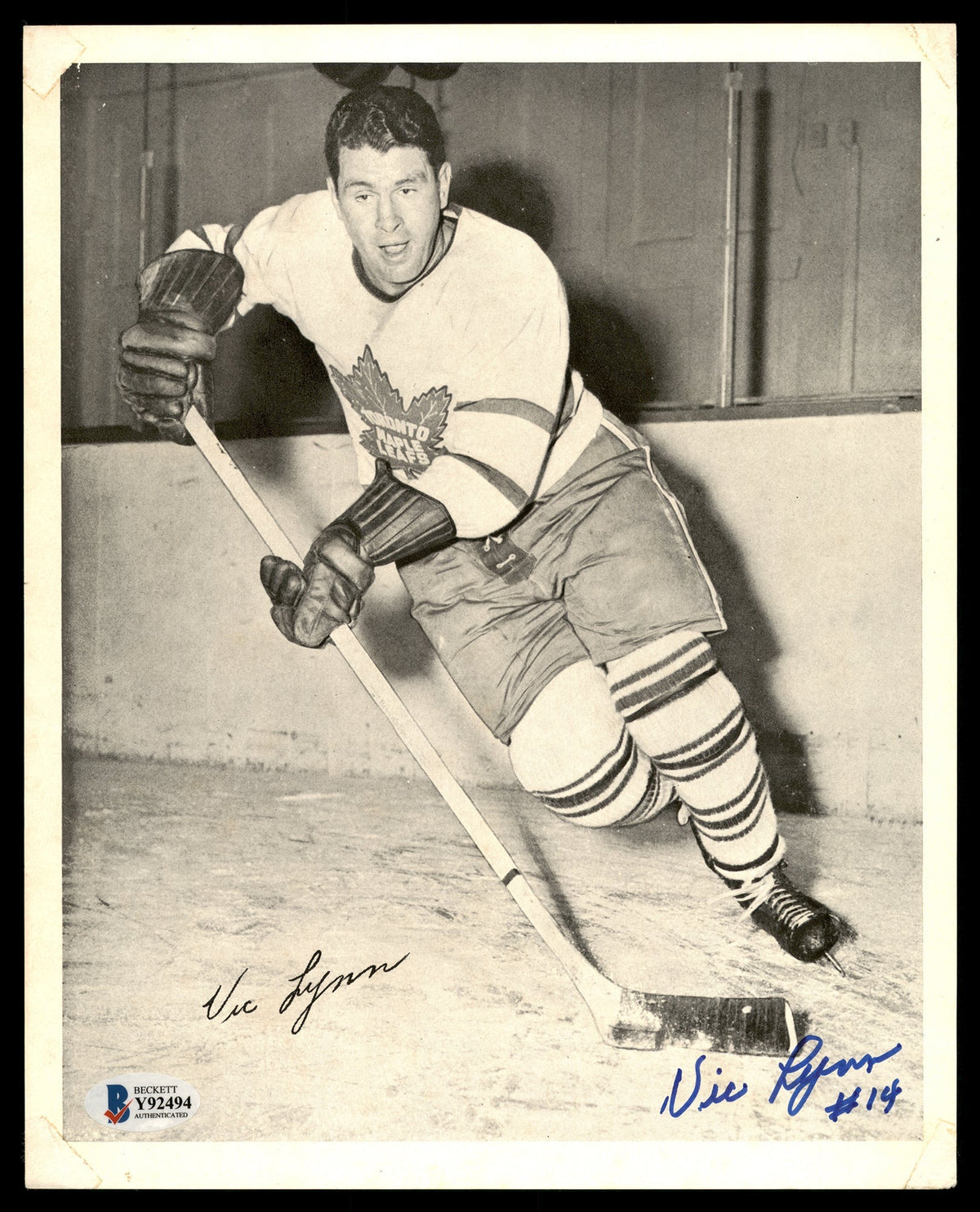 Vic Lynn Autographed 1945-54 Quaker Oats 8x10 Photo Toronto Maple Leafs Beckett BAS #Y92494
