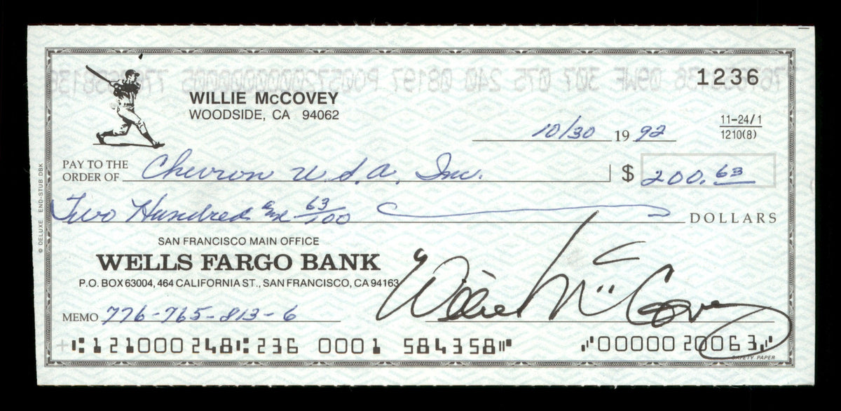 Willie McCovey Autographed 2.75x6 Check San Francisco Giants 1236 SKU #201479