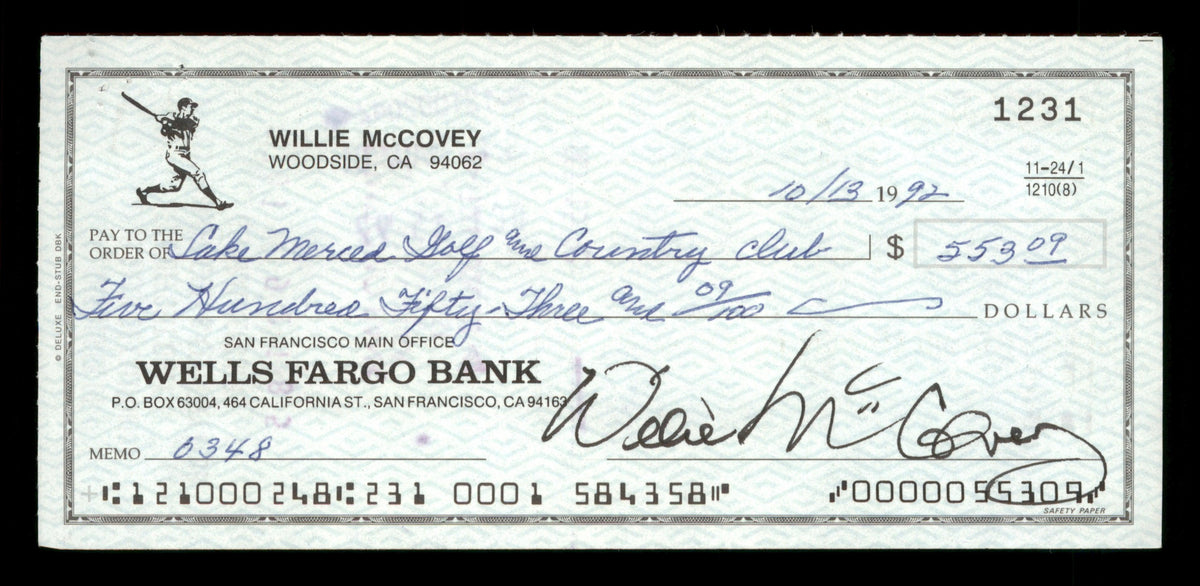 Willie McCovey Autographed 2.75x6 Check San Francisco Giants 1231 SKU #201483