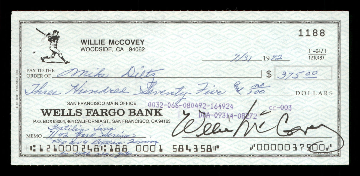 Willie McCovey Autographed 2.75x6 Check San Francisco Giants 1188 SKU #201486