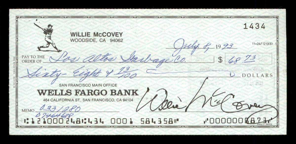 Willie McCovey Autographed 2.75x6 Check San Francisco Giants 1434 SKU #201489