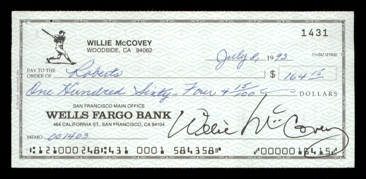Willie McCovey Autographed 2.75x6 Check San Francisco Giants 1431 SKU #201492