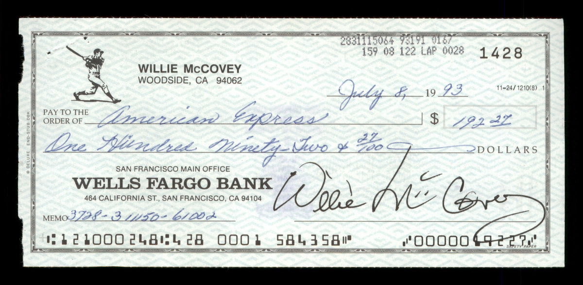 Willie McCovey Autographed 2.75x6 Check San Francisco Giants 1428 SKU #201495