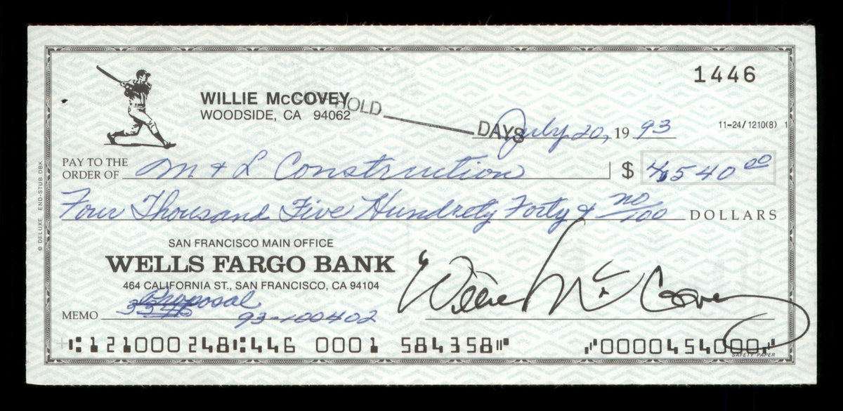 Willie McCovey Autographed 2.75x6 Check San Francisco Giants 1446 SKU #201497