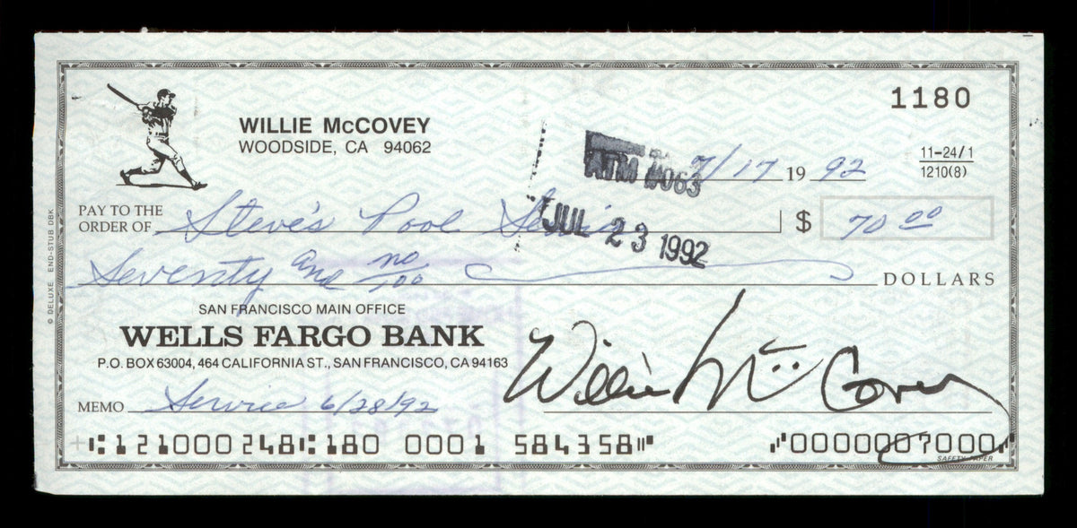 Willie McCovey Autographed 2.75x6 Check San Francisco Giants 1180 SKU #201504