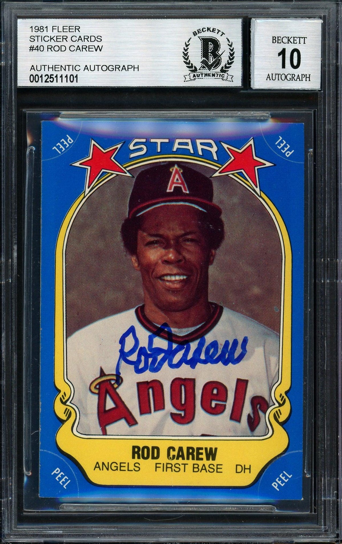 Rod Carew Autographed 1981 Fleer Sticker Card #40 California Angels Auto Grade 10 Beckett BAS #12511101