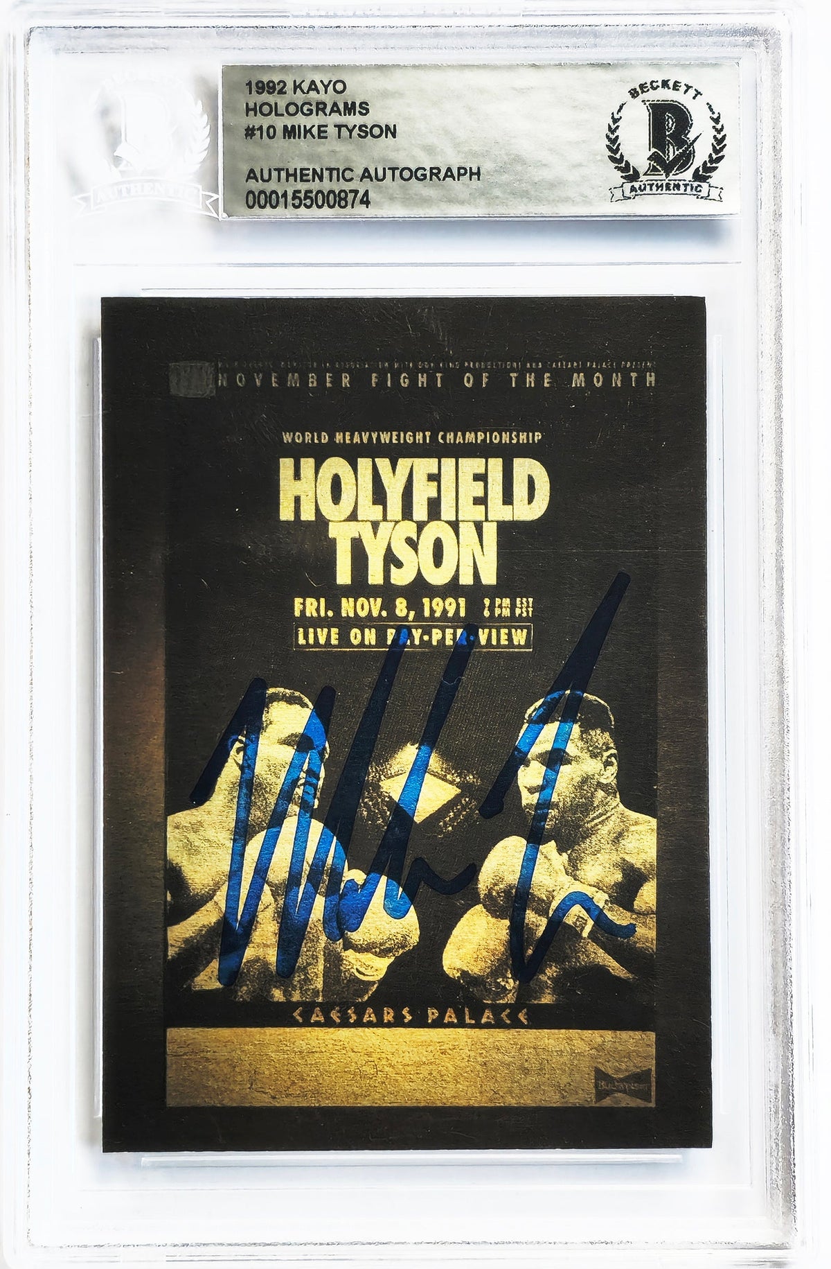 Mike Tyson Autographed 1992 Kayo Gold Hologram Card vs. Evander Holyfield Beckett BAS #15500874
