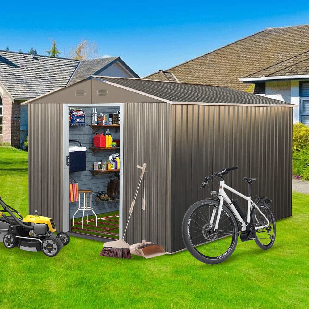 8 x 10 FT Outdoor Metal Storage Shed with Foundation, Weather-Resistant Garden Tool Shed for Backyard, Patio & Lawn (Grey / 8X10 FT)