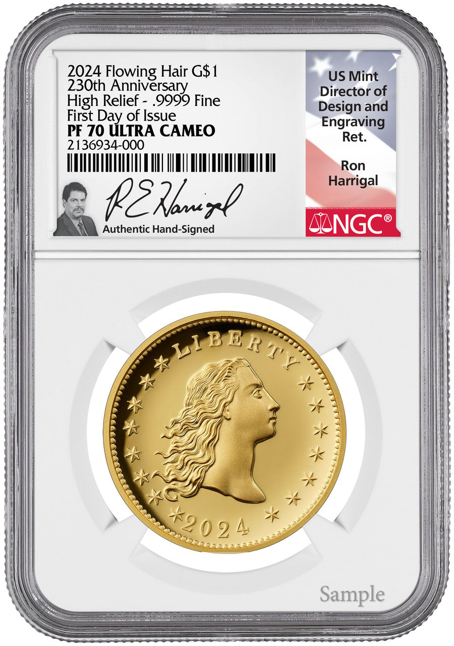 2024-W 230th Anniversary Flowing Hair Gold Dollar FDI NGC PF70UCAM Harrigal