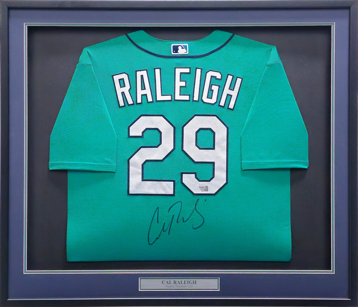 Seattle Mariners Cal Raleigh Autographed Framed Teal Nike Jersey Fanatics Holo