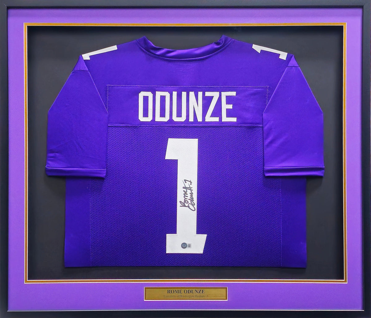 Washington Huskies Rome Odunze Autographed Framed Purple Jersey Beckett BAS Witness
