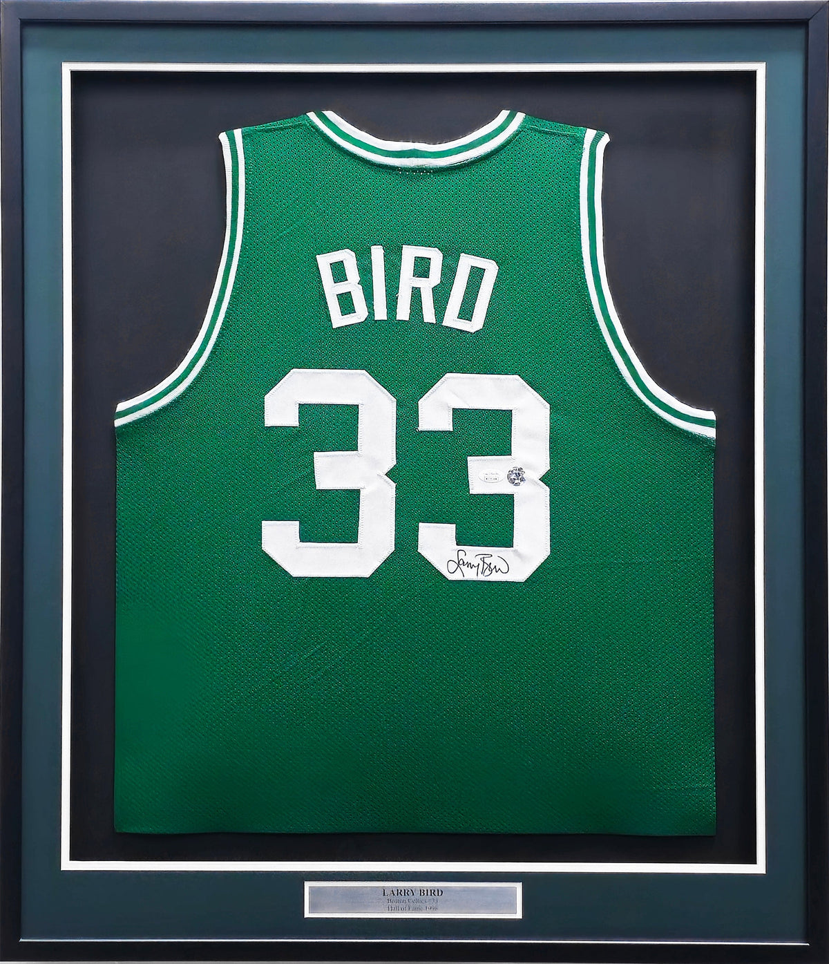 Boston Celtics Larry Bird Autographed Framed Green Jersey JSA