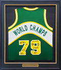 1978-79 NBA Champions Seattle Supersonics Multi Signed Autographed Framed Green Jersey With 9 Signatures Including Lenny Wilkens, Fred Brown & Gus Williams MCS Holo