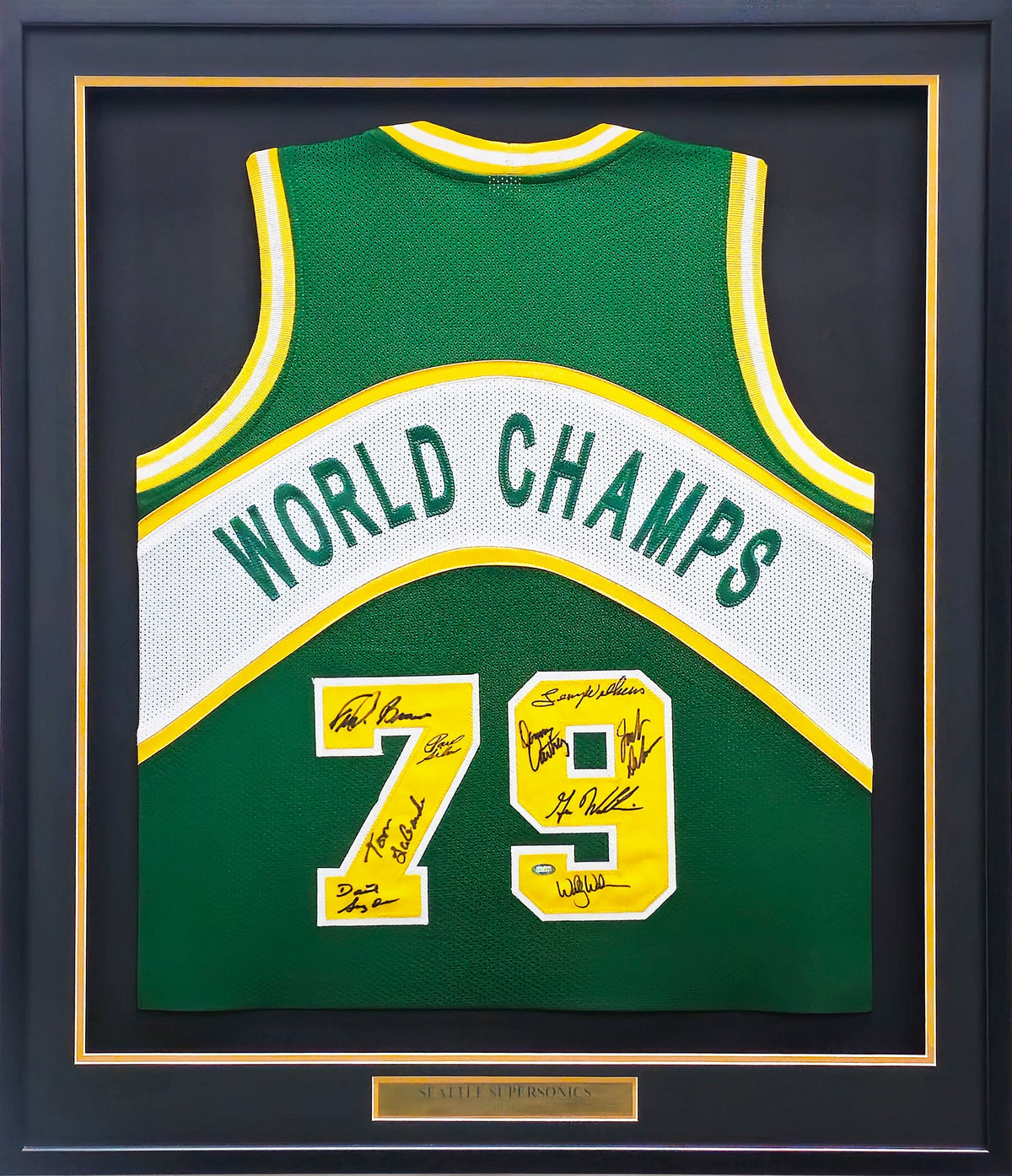 1978-79 NBA Champions Seattle Supersonics Multi Signed Autographed Framed Green Jersey With 9 Signatures Including Lenny Wilkens, Fred Brown & Gus Williams MCS Holo