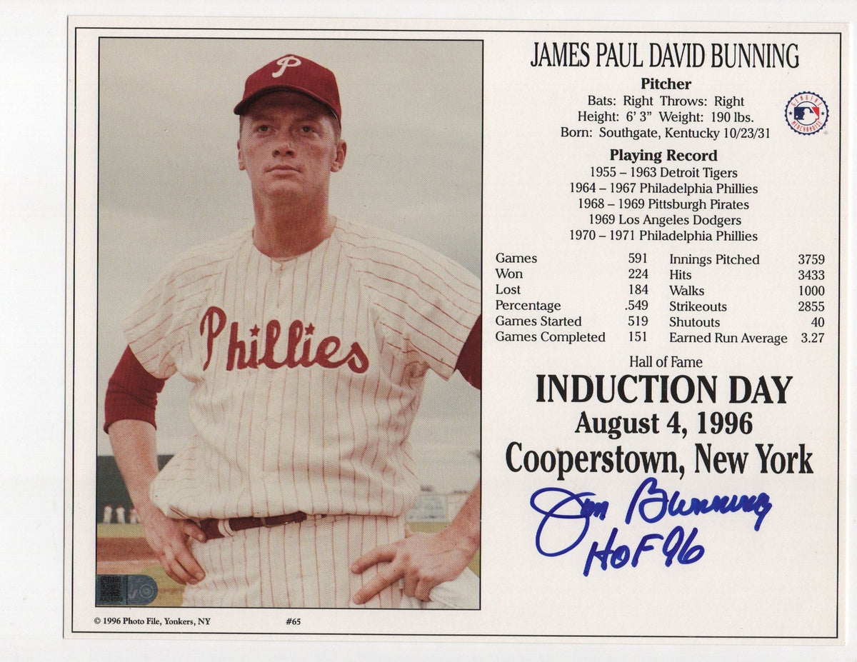 Jim Bunning Signed HOF 96 Inscription 8x10 Photo (AIV AA24009)