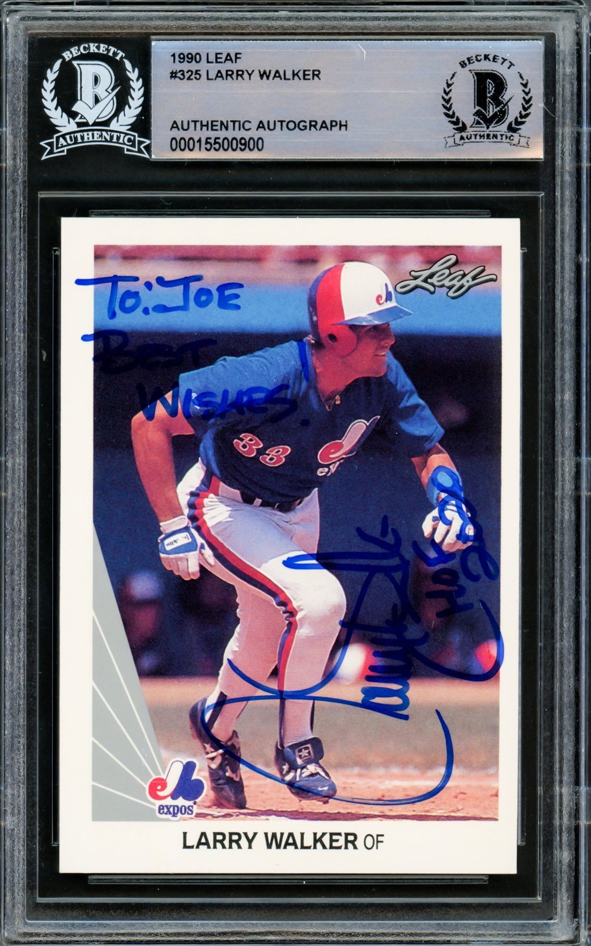 Larry Walker Autographed 1990 Leaf Card #325 Montreal Expos "To Joe Best Wishes; HOF 2020" Beckett BAS #15500900