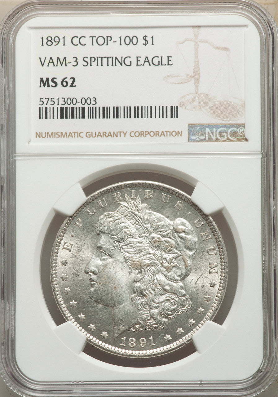 1891-CC $1 VAM-3 Spitting Eagle Morgan Dollar NGC MS62