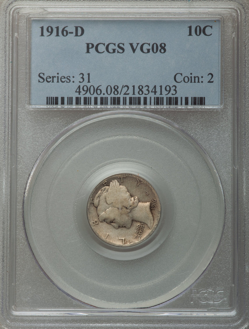 1916-D 10C Mercury Dime PCGS VG8