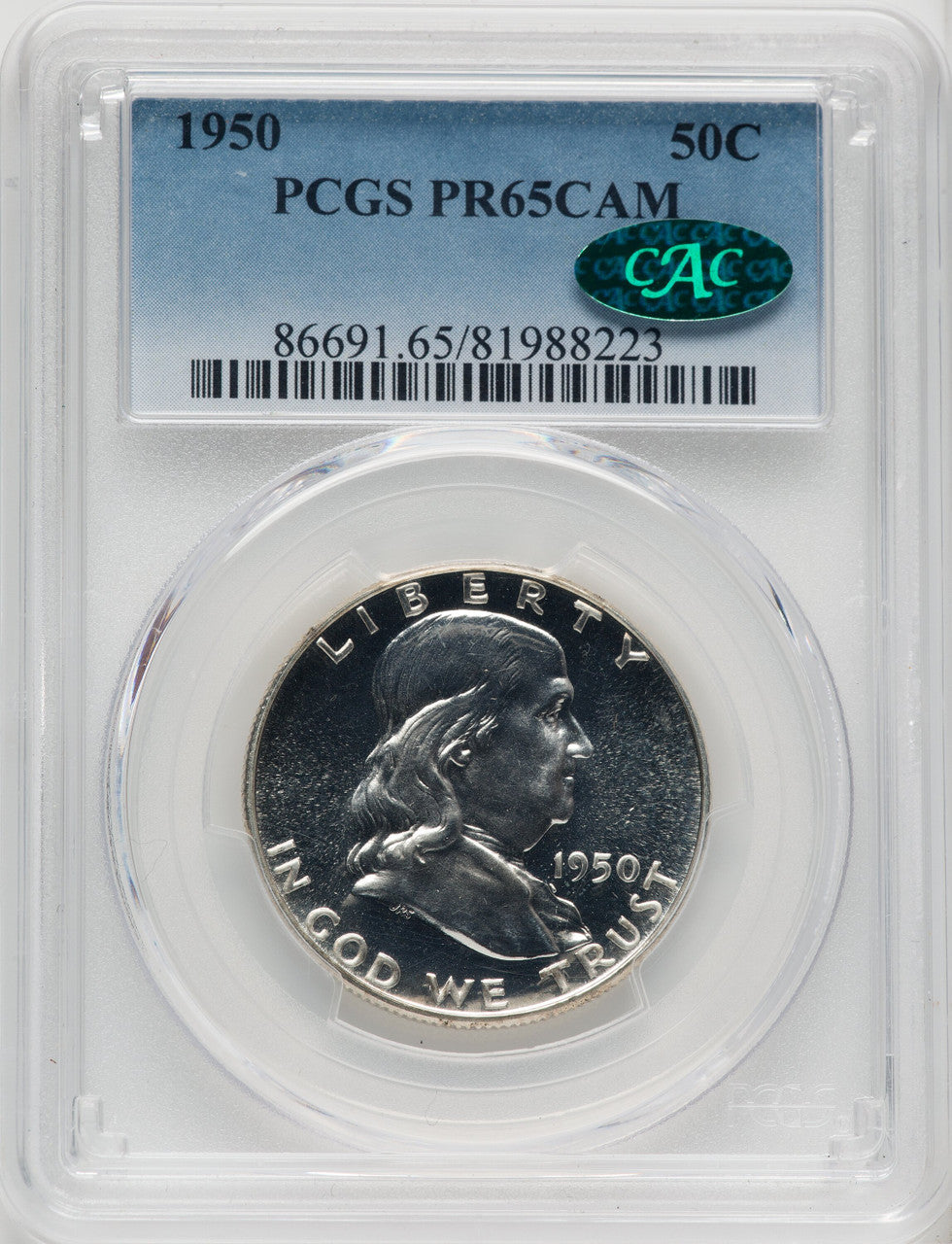 1950 50C CA CAC Proof Franklin Half Dollar PCGS PR65