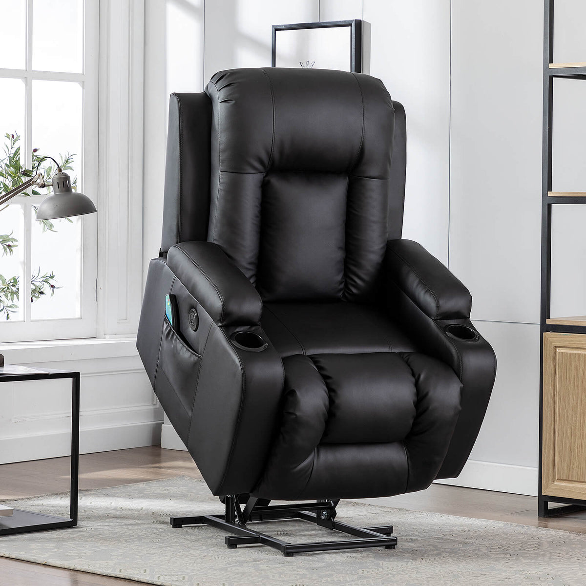 Power Lift Recliner Chair with Massage & Heat for Elderly, PU Leather Electric Recliner with 2 Side Pockets, Cup Holders & USB Port (Black)