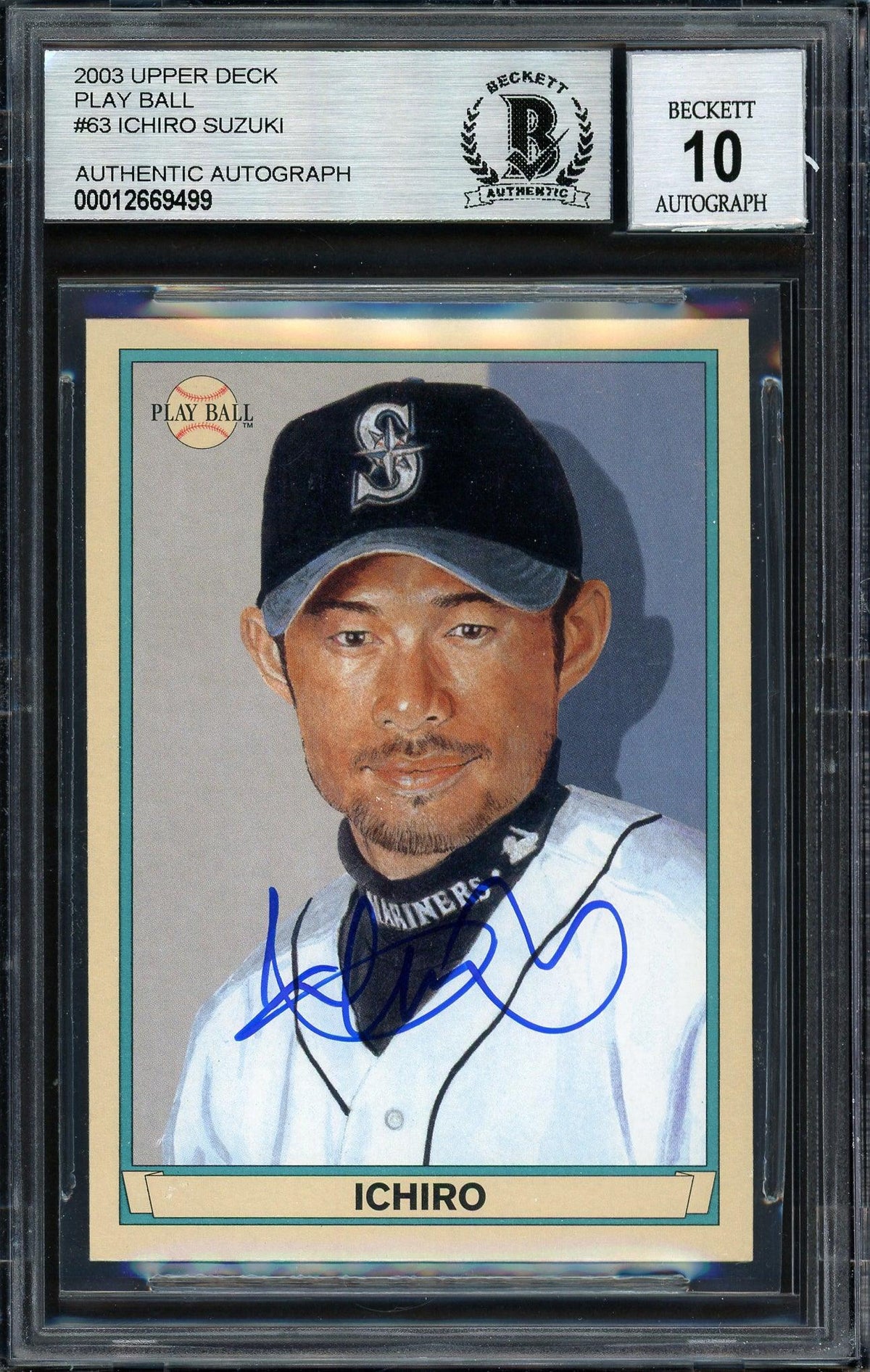 Ichiro Suzuki Autographed 2003 Upper Deck Play Ball Card #63 Seattle Mariners Auto Grade 10 Beckett BAS Stock #189829