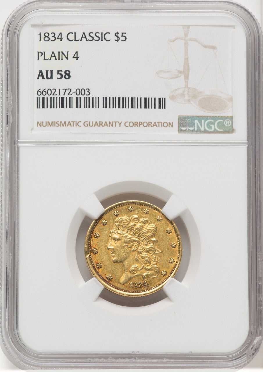1834 $5 PLAIN 4 Classic Half Eagle NGC AU58