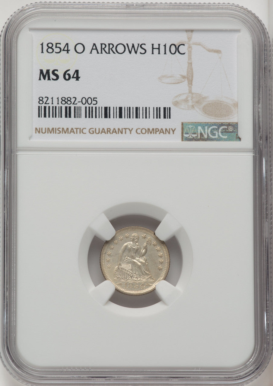 1854-O H10C ARROWS Seated Half Dime NGC MS64
