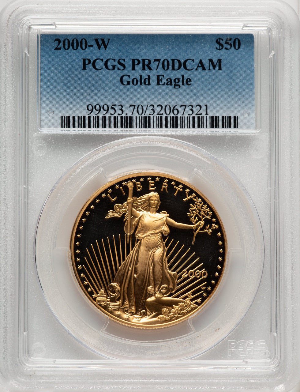 2000-W $50 One-Ounce Gold Eagle Blue Gradient PCGS PR70
