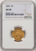 1855 $3 Three Dollar Gold Pieces NGC AU58