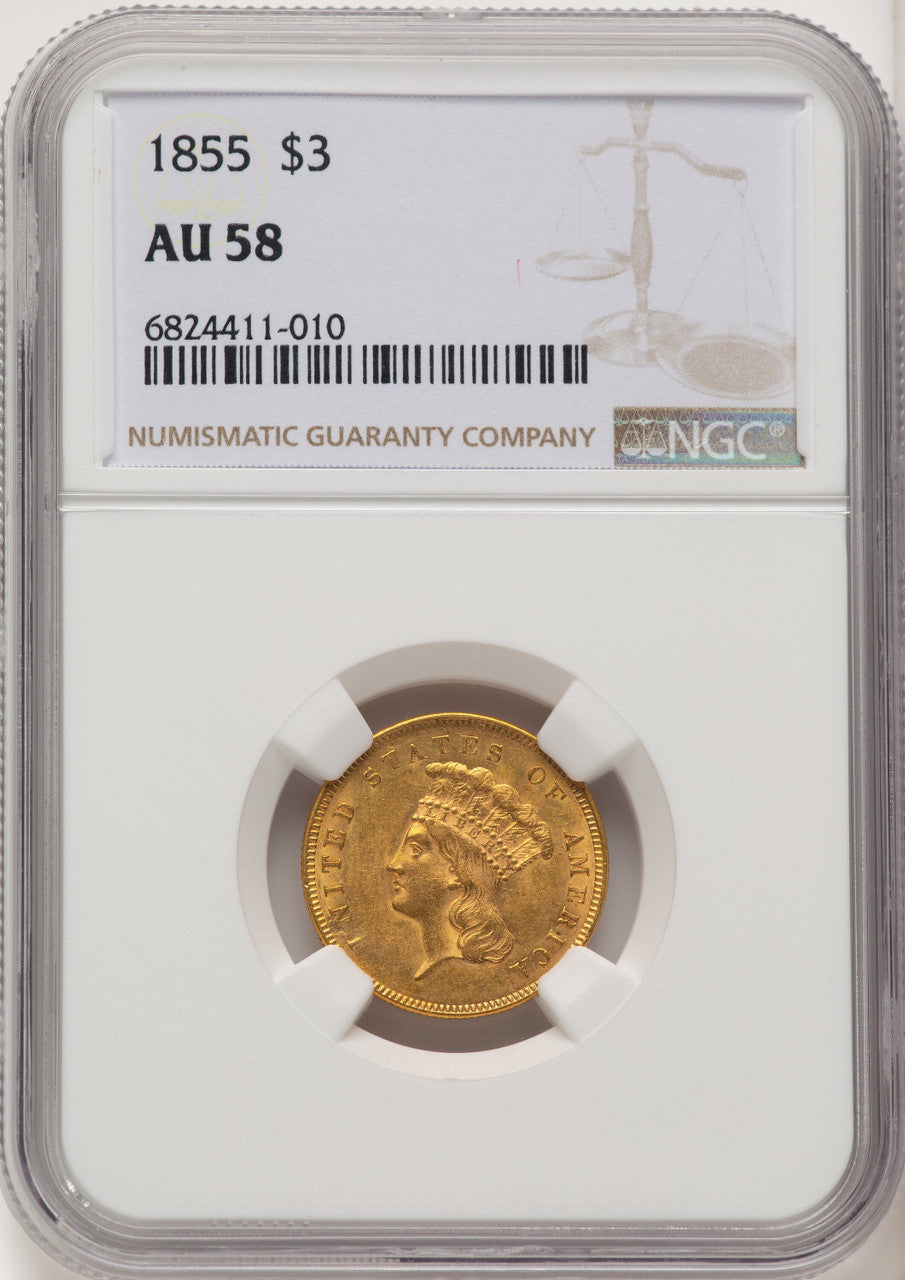 1855 $3 Three Dollar Gold Pieces NGC AU58