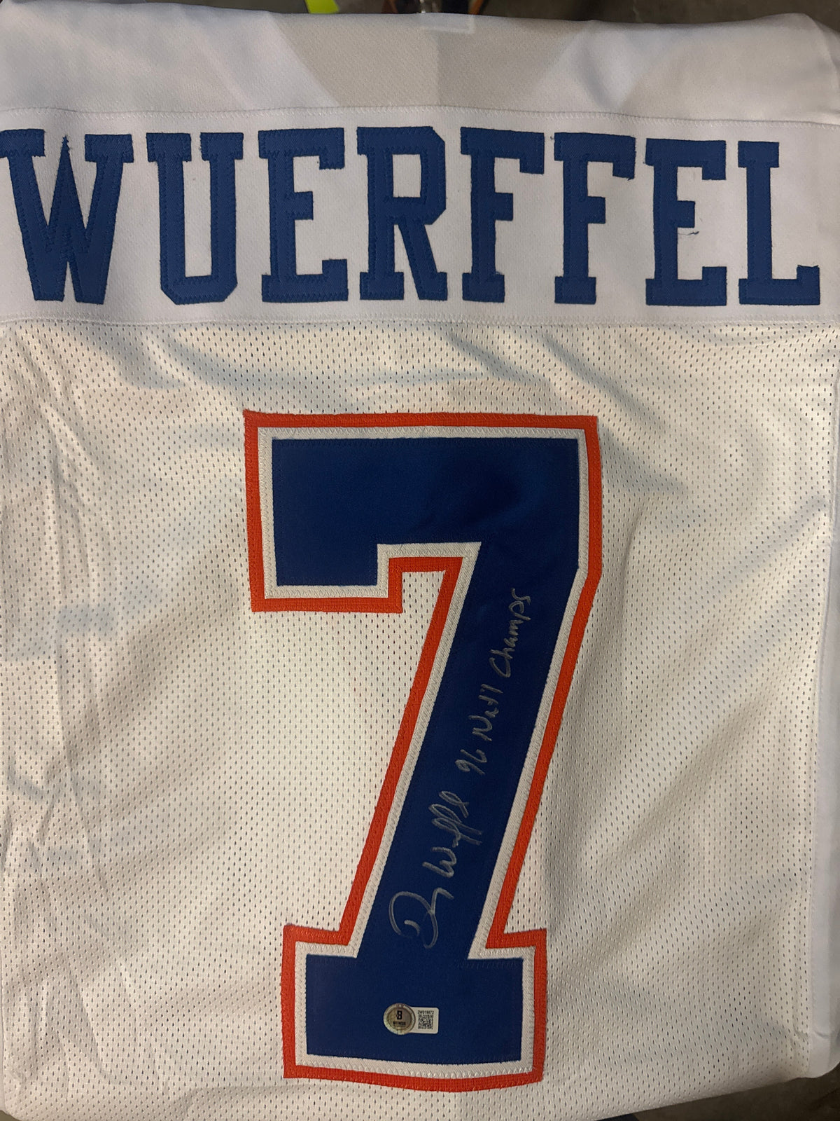 Danny Wuerffel Signed 96 Heisman Inscription Florida College White Football Jersey (Beckett)