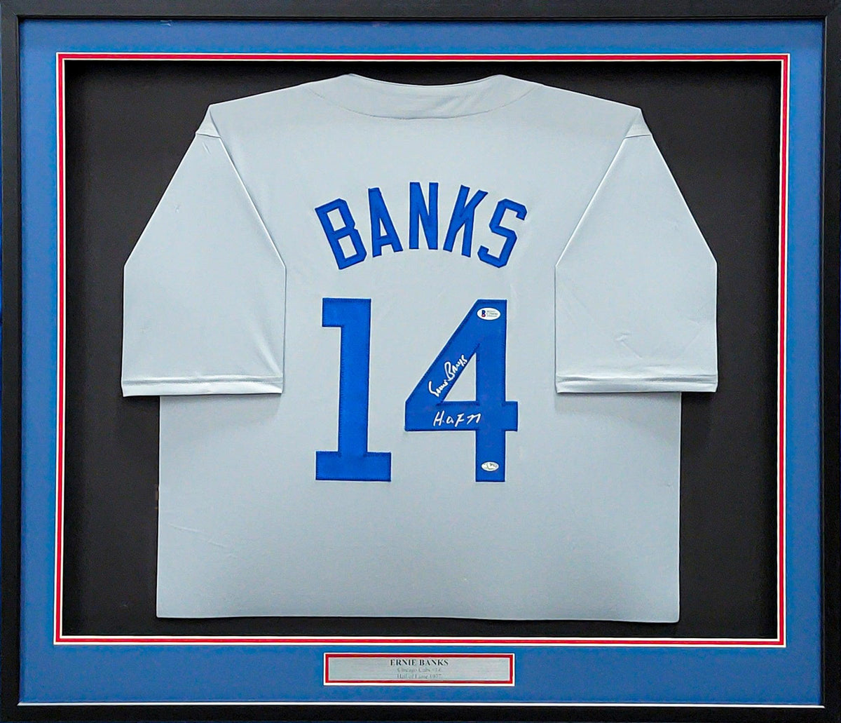 Chicago Cubs Ernie Banks Autographed Framed Gray Jersey "HOF 77" Beckett BAS Stock #202410
